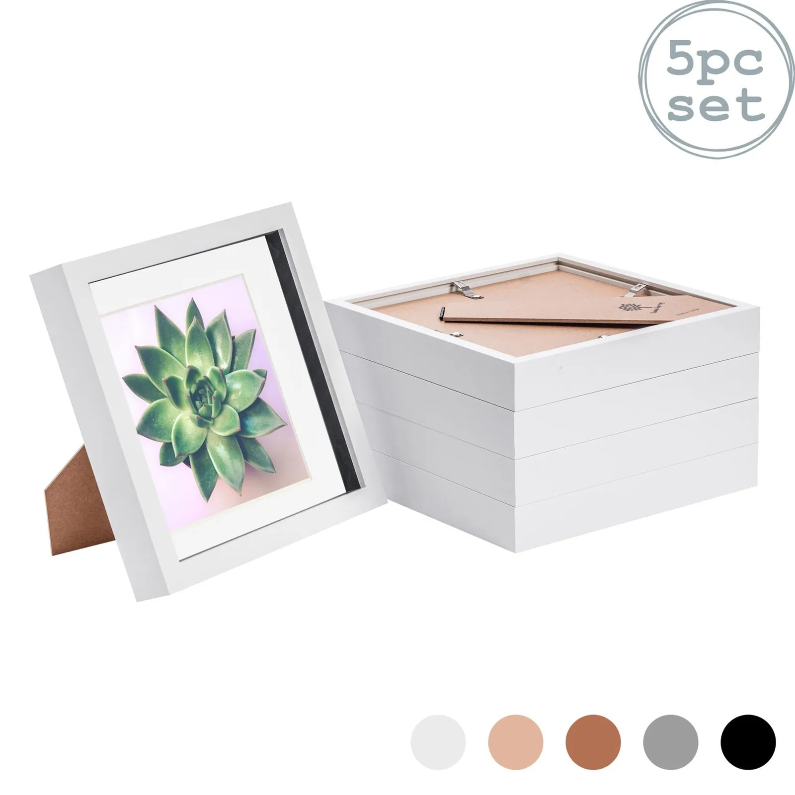 Nicola Spring 3D Box Photo Frames - 8 x 8" with 6 x 6" Mount - Grey Mount - Pack of 5 in White