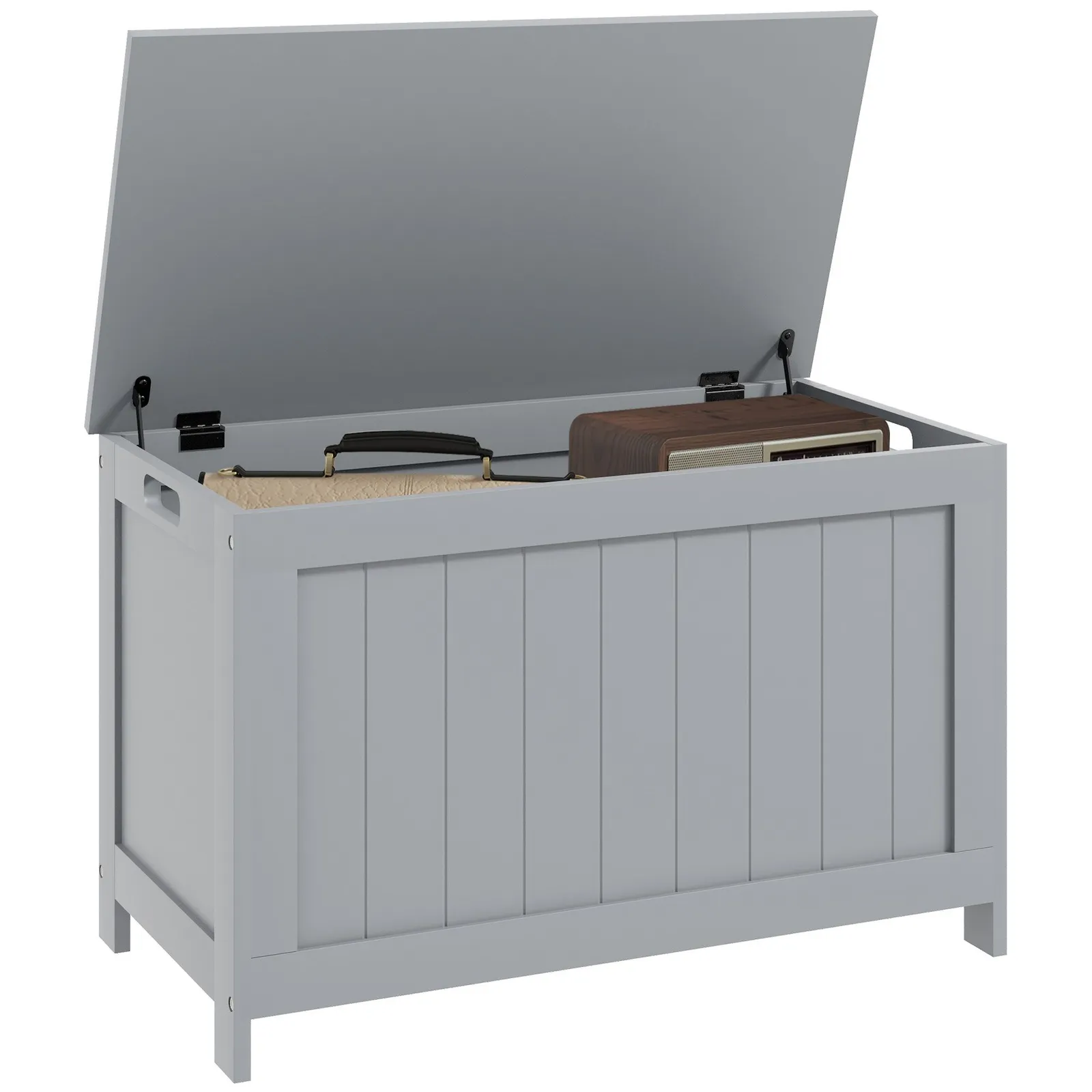 HOMCOM Storage Chest, Modern Storage Trunk with 2 Safety Hinges & Cut-out Handles, Wooden Toy Box for Living Room, Entryway, 76 x 40 x 48 cm in Grey 2