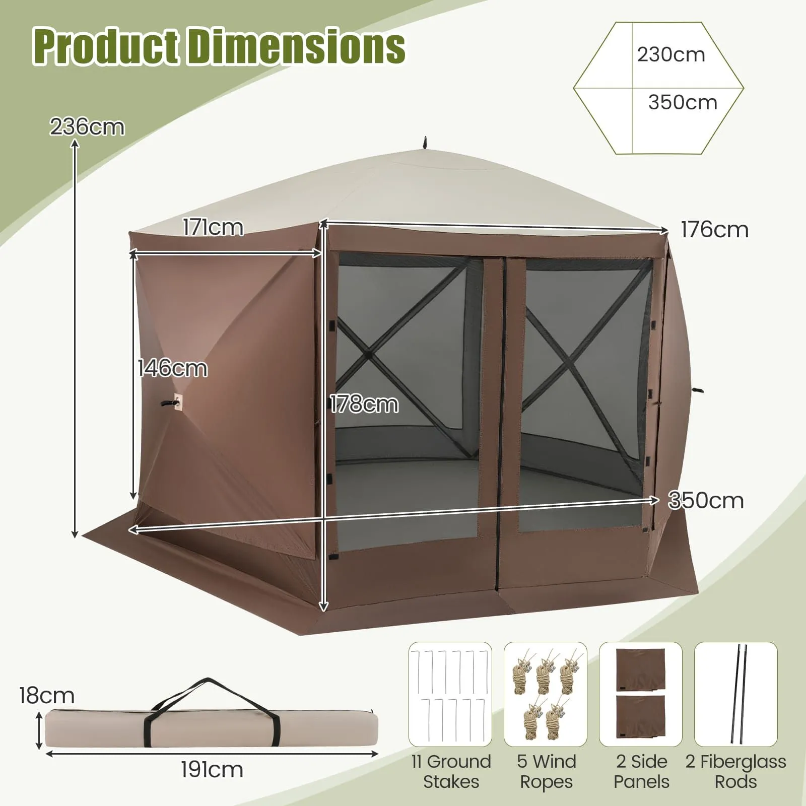 Costway 350 x 230 cm Pop-up Gazebo Tent Outdoor Canopy Sun Shelter in Dark Brown 2