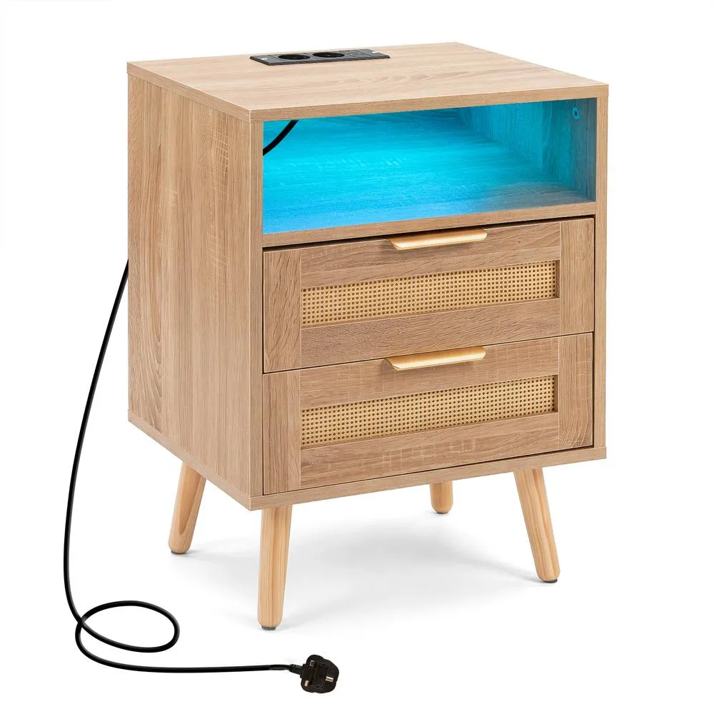 Costway Rattan Bedside Table with Charging Station & LED Lights in Natural 6