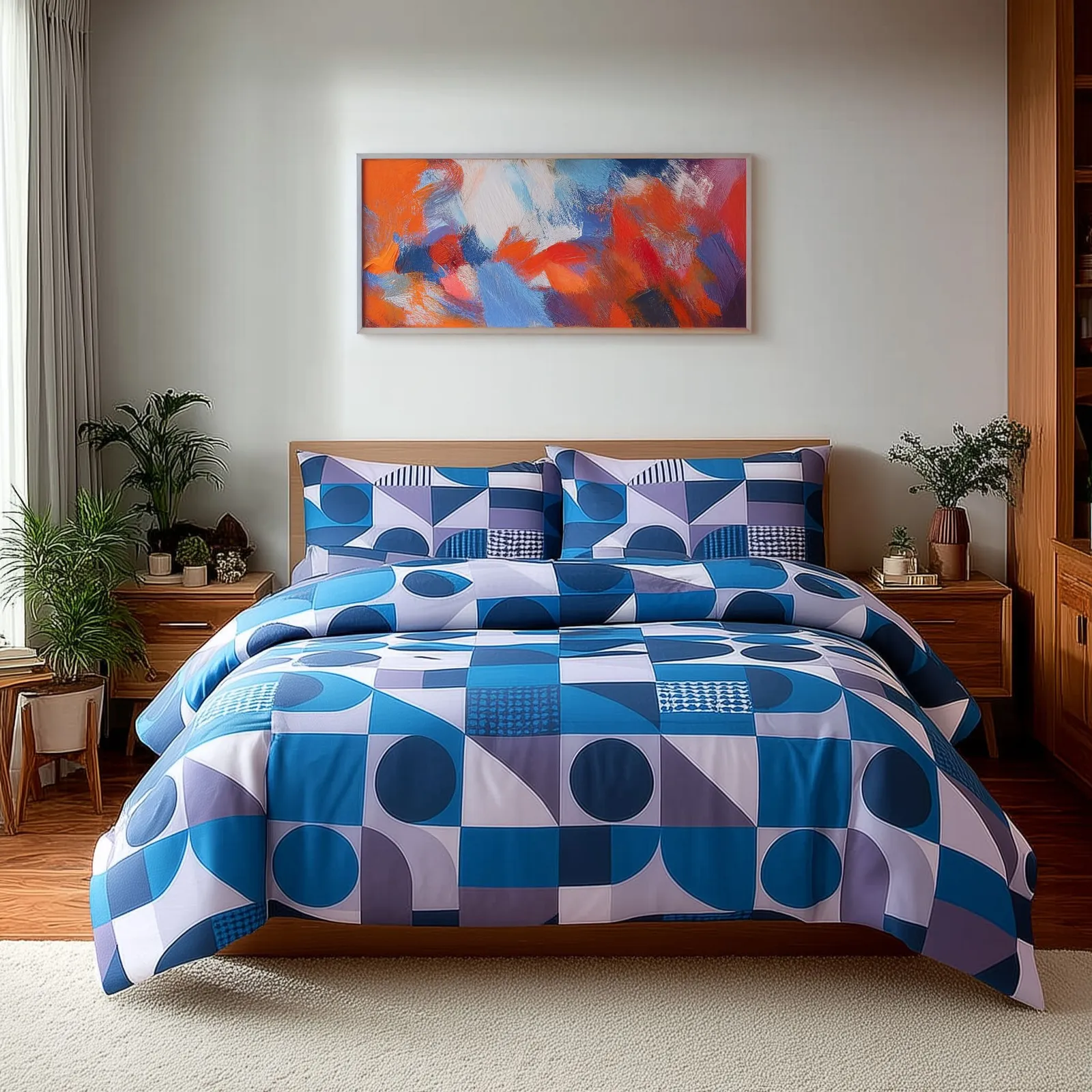 Snug City Duvet Cover & Pillowcase Set Print Shape Design Polycotton Bed Linen in Blue