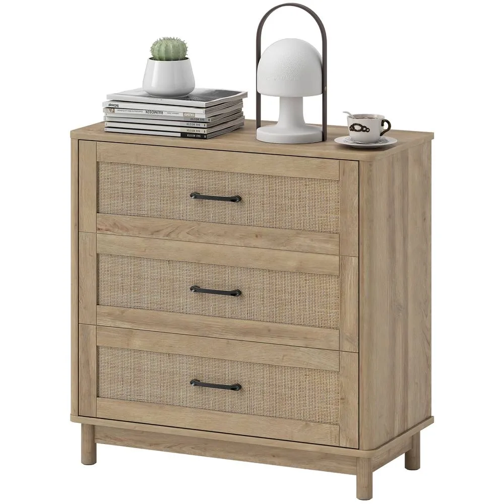 HOMCOM 3 Drawer Chest of Drawers, Wide Storage Unit for Living Room, Oak in Natural