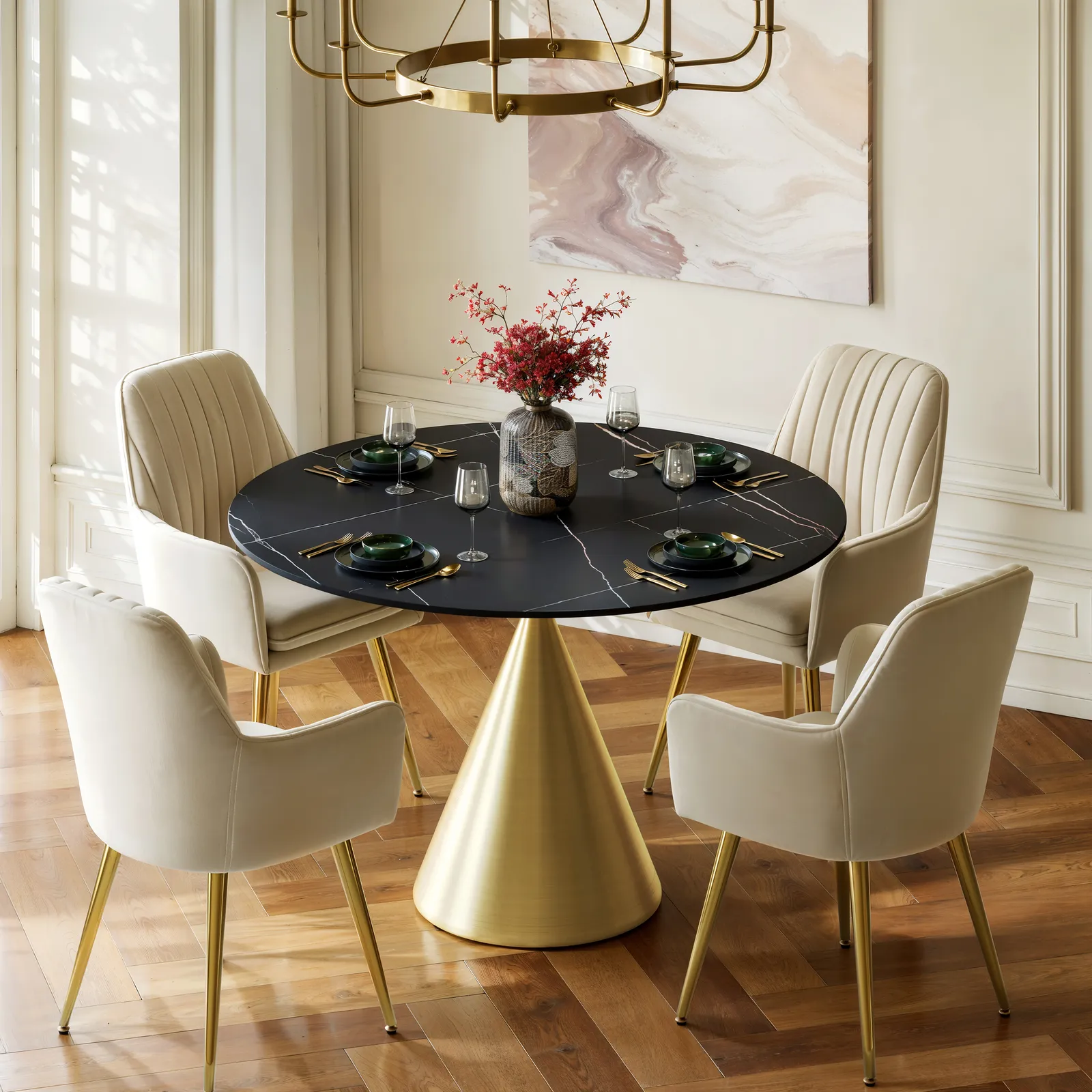 Modern 120 cm Round Matte Sintered Stone Dining Table with Gold Pedestal Base, Seats 4