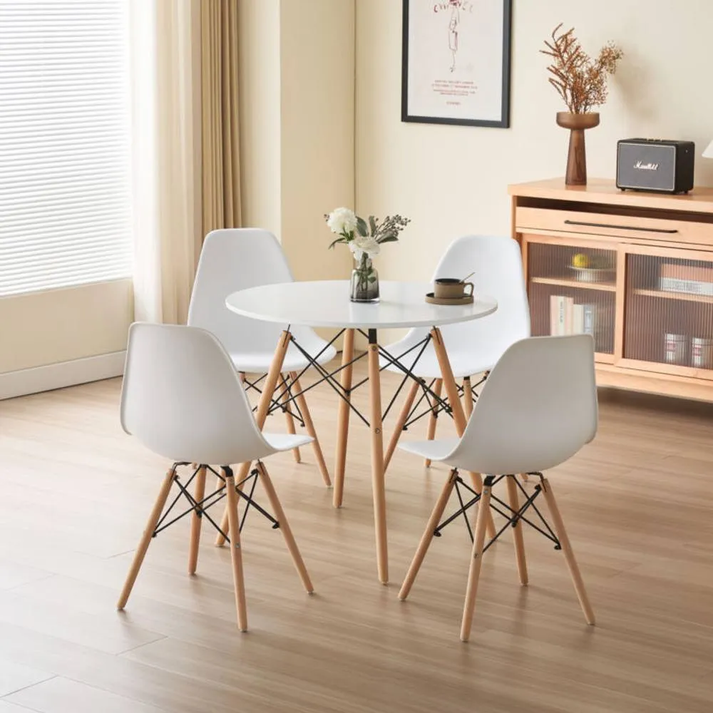 Comfy Living Ltd 5 Piece Dining Set With Round White Wooden Top & 4 White Chairs With Metal Detailing