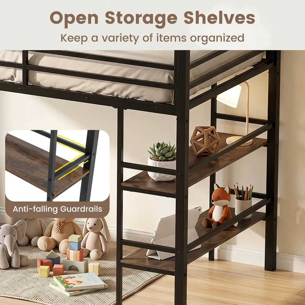 Costway Single Size Metal Loft Bed w/Storage Shelves No Box Spring Needed in Brown 5