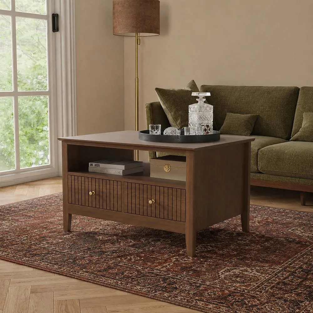 Melody Maison Fluted Four Drawer One Shelf Coffee Table - Hales Dark Wood Range in Dark Brown