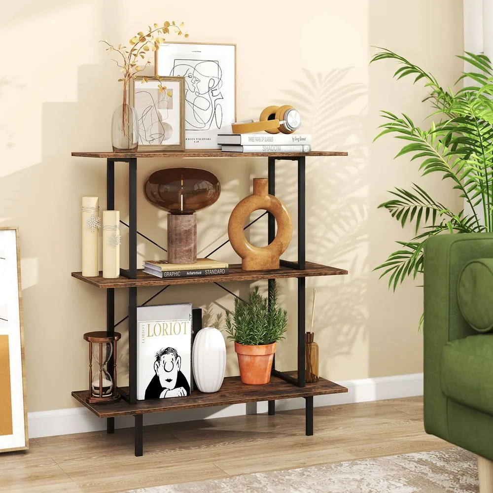 Costway 3-Tier Bookshelf Industrial Bookcase w/ Open Shelves Display Shelf in Brown 4