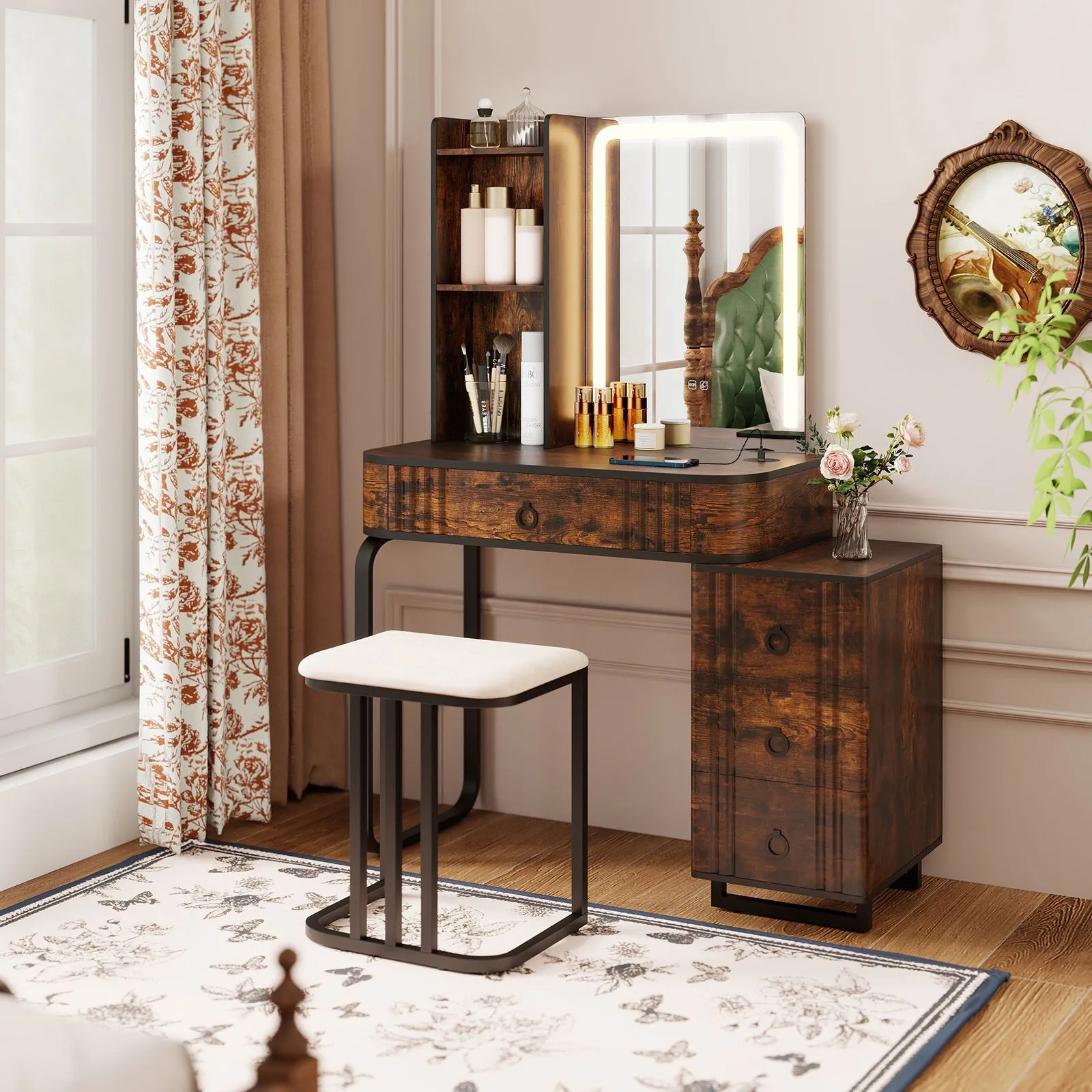 Costway RGB Vanity Table Set Bedroom Dressing Table w/ Mirror & Lights in Brown 2