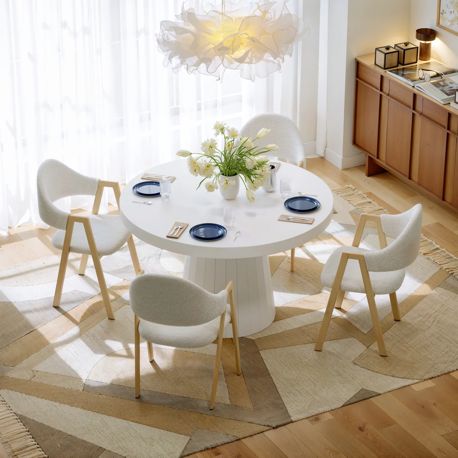 Extendable Dining Table Set 39"-55" Japandi White Dining Table & 6 Walnut Wood Dining Chairs