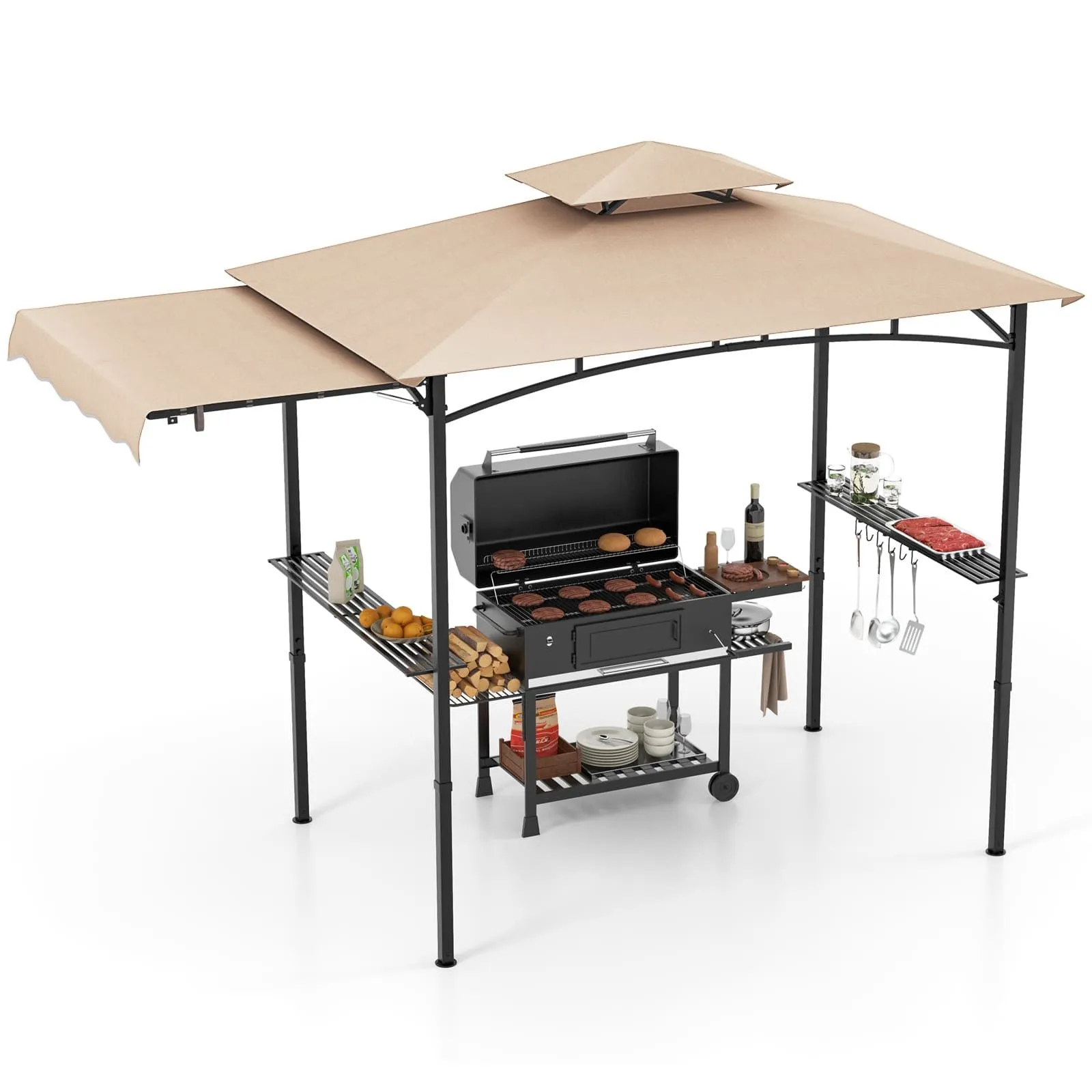 Costway 318x153cm Grill Gazebo Outdoor Barbecue Canopy Tent w/Side Awning in Beige