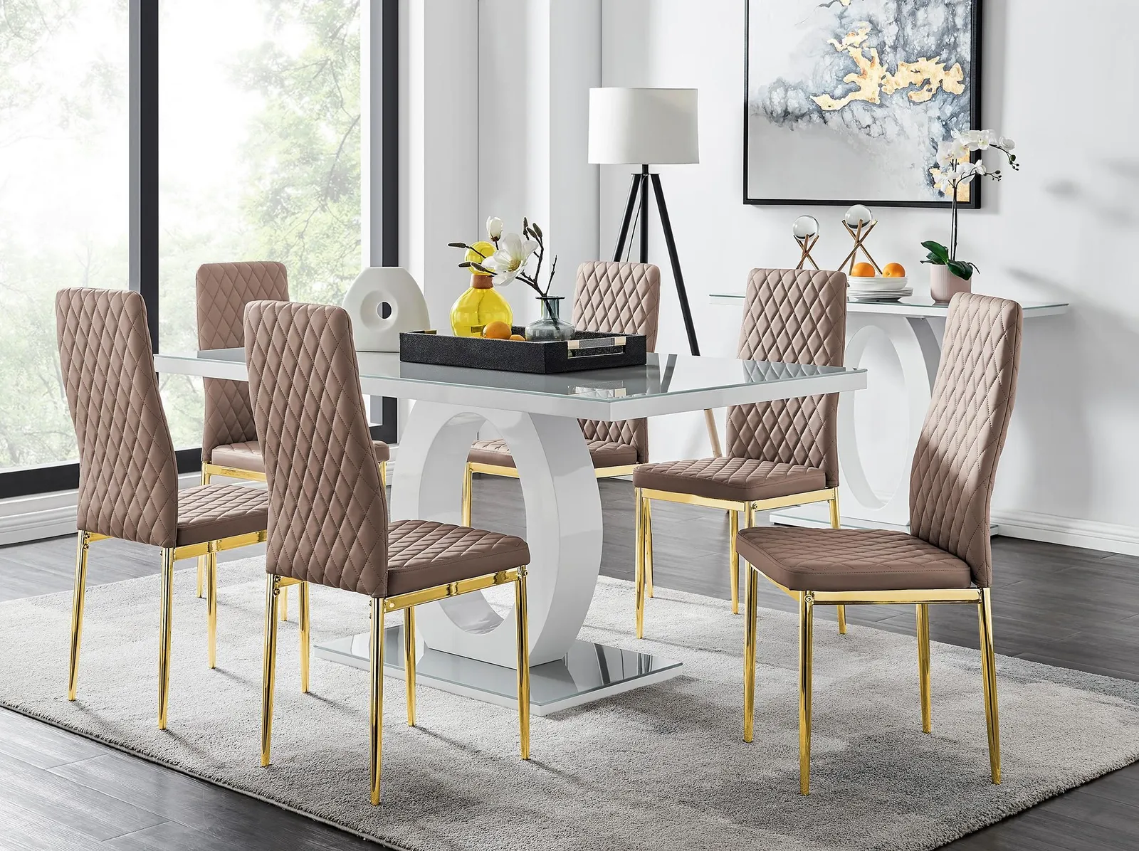 FurnitureboxUK Giovani 6-Seater Grey Glass Dining Table & 6 Milan Faux Leather Dining Chairs in Beige