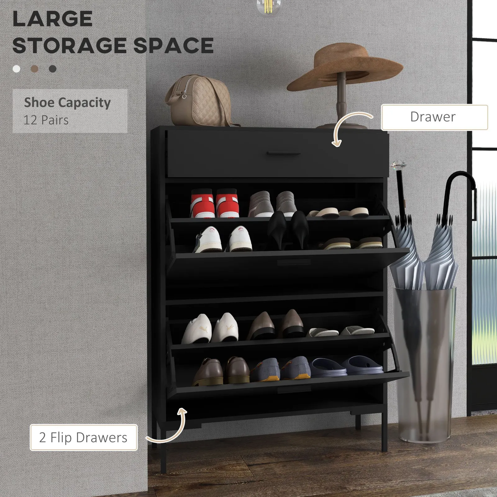 HOMCOM Shoe Storage Cupboard with 2 Flip Doors & Sliding out Drawer, Black 4