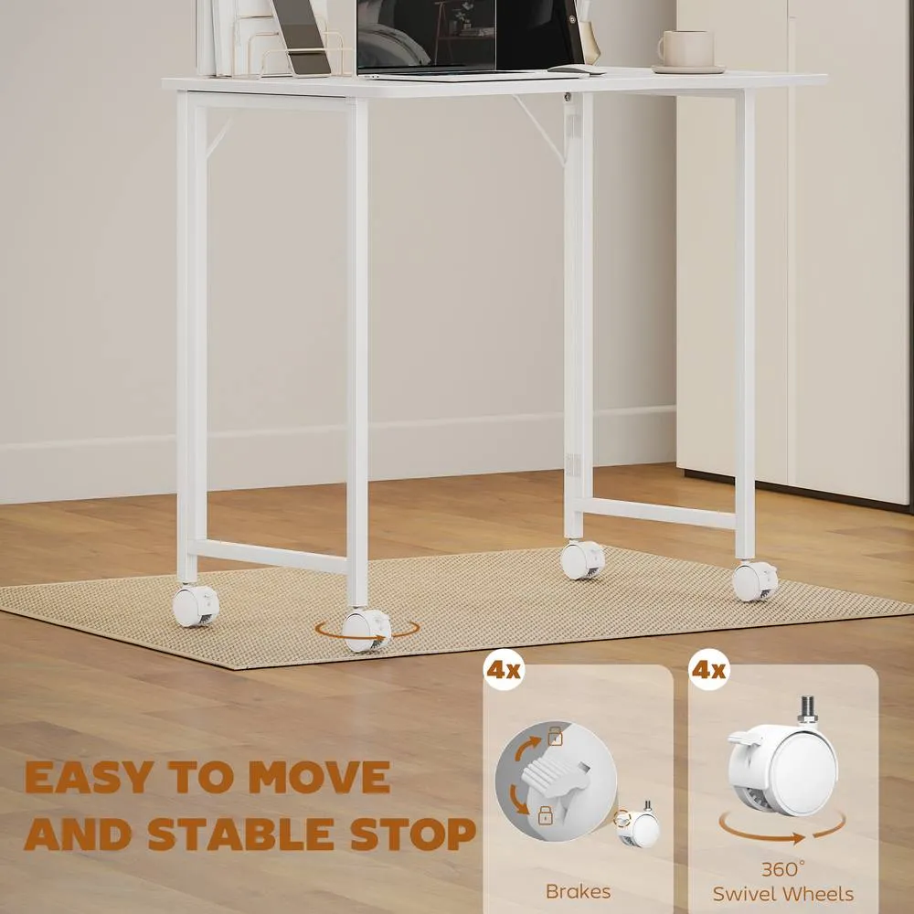 HOMCOM Small Writing Desk with Wheels, Folding Study Table in White 5