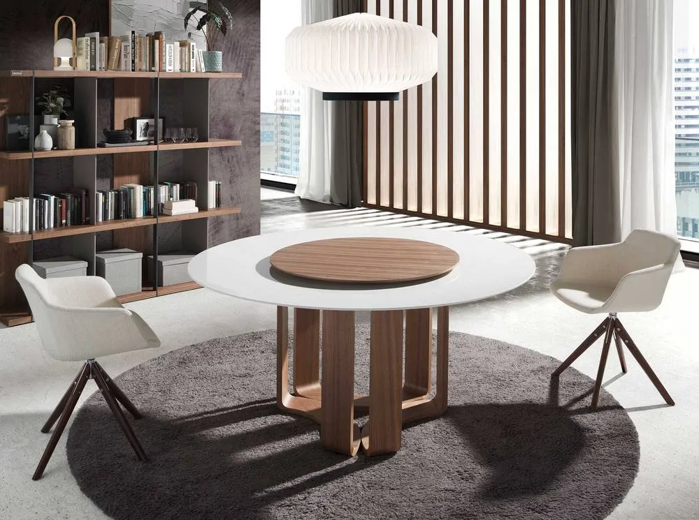 Angel Cerda Round Dining Table White Porcelain Marble Top, Walnut 3