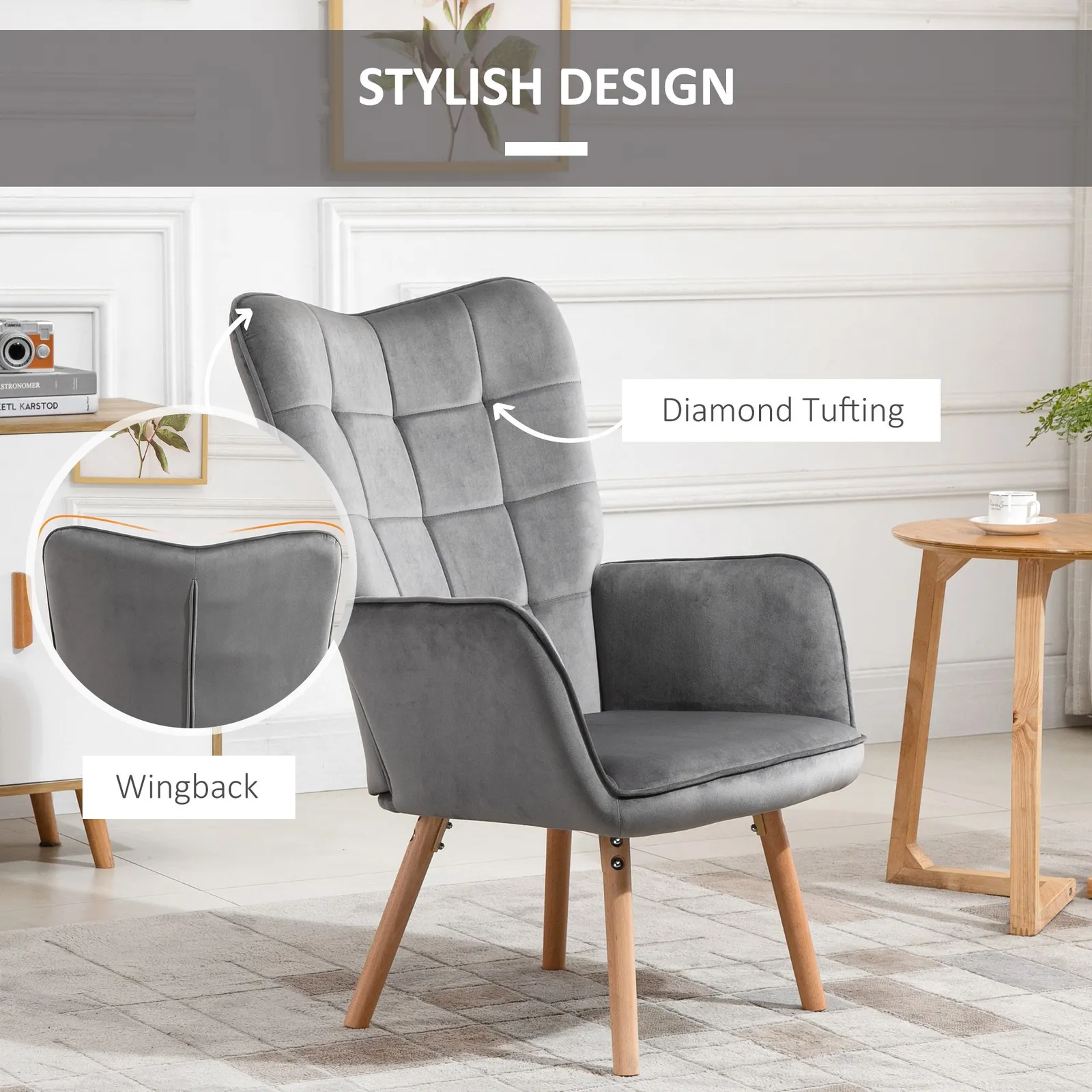 HOMCOM Modern Accent Chair Velvet-Touch Tufted Wingback Armchair Wood Legs in Grey 6