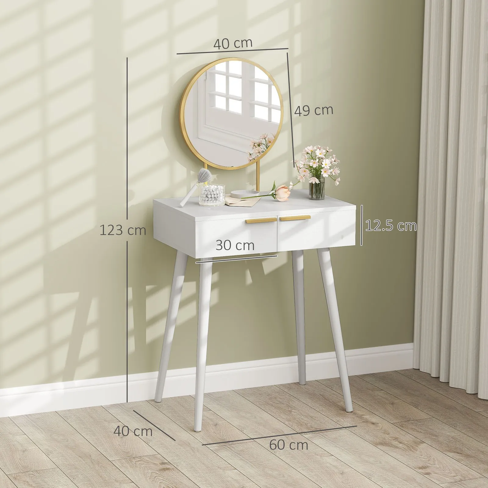 HOMCOM Modern Dressing Table w/ 2 Drawers Round Mirror for Bedroom White 3