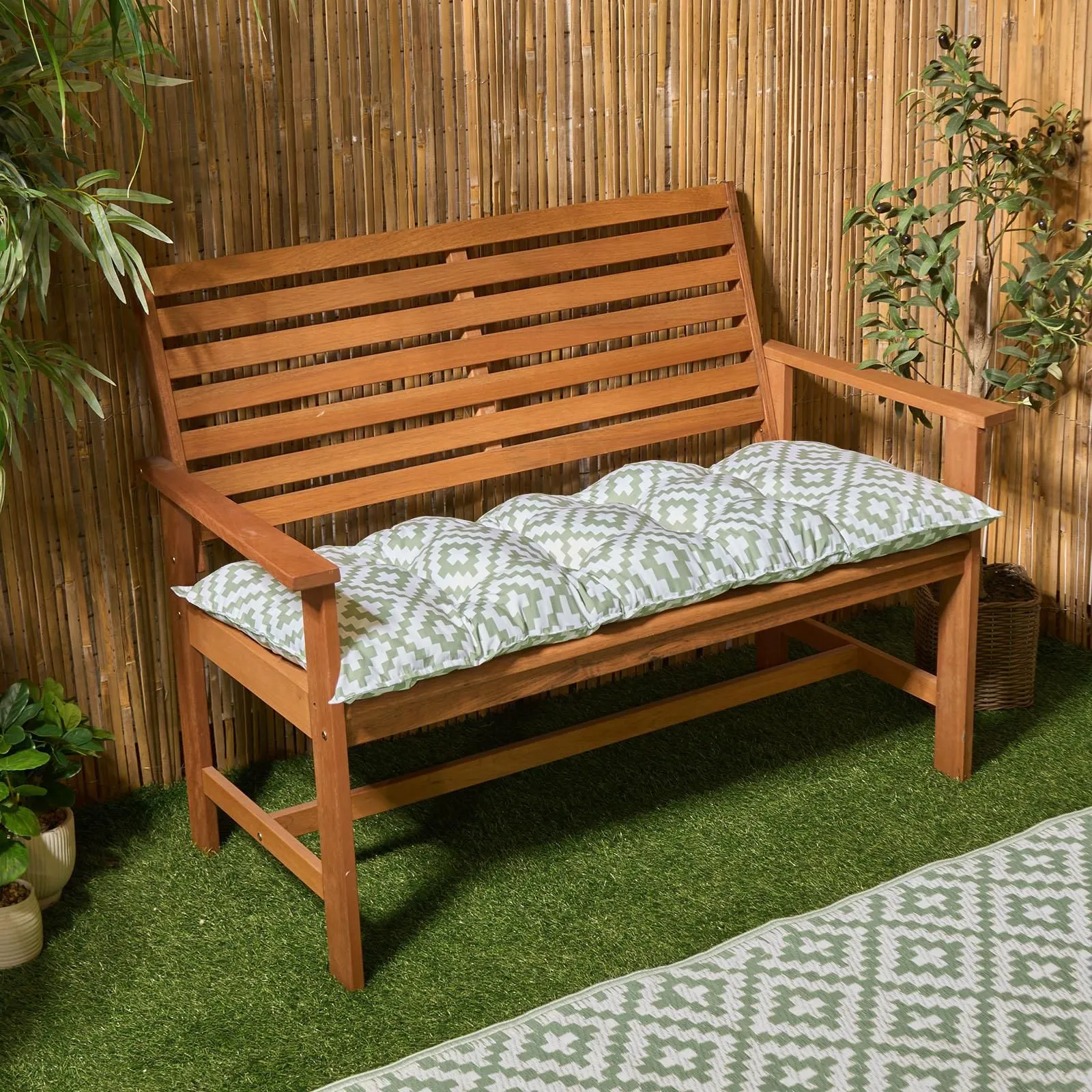 OHS Outdoor 2 Seater Patterned Bench Cushion Garden Furniture Seat in Green