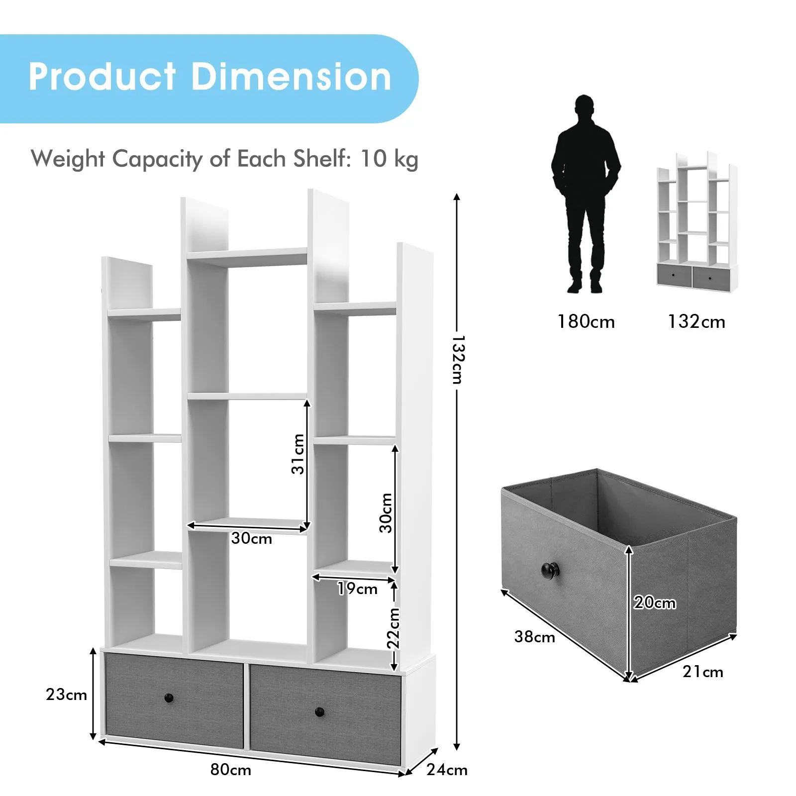 Costway 12 Tier Bookshelf Open Storage Wood Bookcase Organizer Display Shelf in White 5