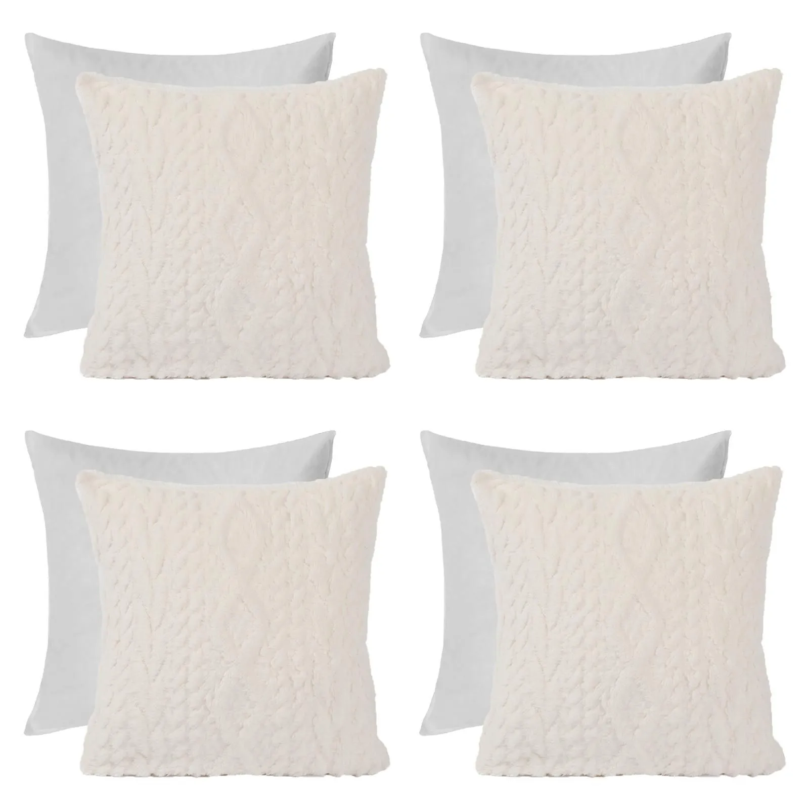 OHS 4 x Cable Knit Cushion Covers Soft Sherpa Filled Cases 18" x 18" in Cream