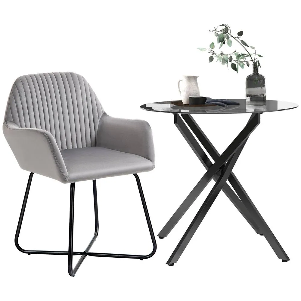 HOMCOM Modern Dining Set Round Glass Table & Velvet Chair Black & Grey 2
