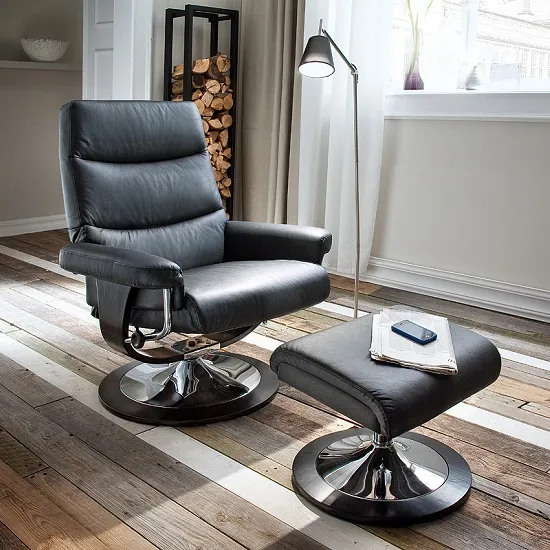 Graham Reclining Chair With Foot Stool In Black With Chrome Base