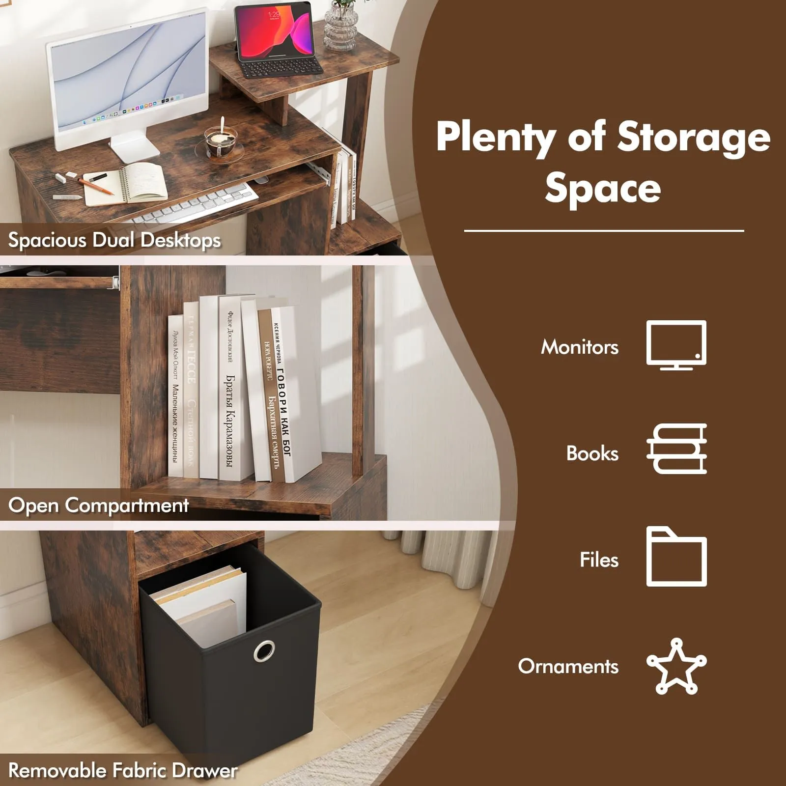 Costway Space-saving Computer Desk with Open Shelf & Fabric Storage Drawer in Brown 6
