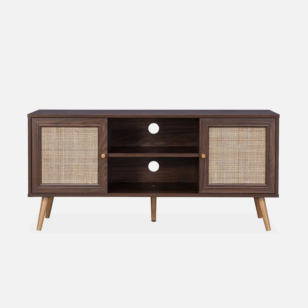sweeek 120cm Tv Unit Wooden & Cane Effect 2 Doors in Dark Brown 2