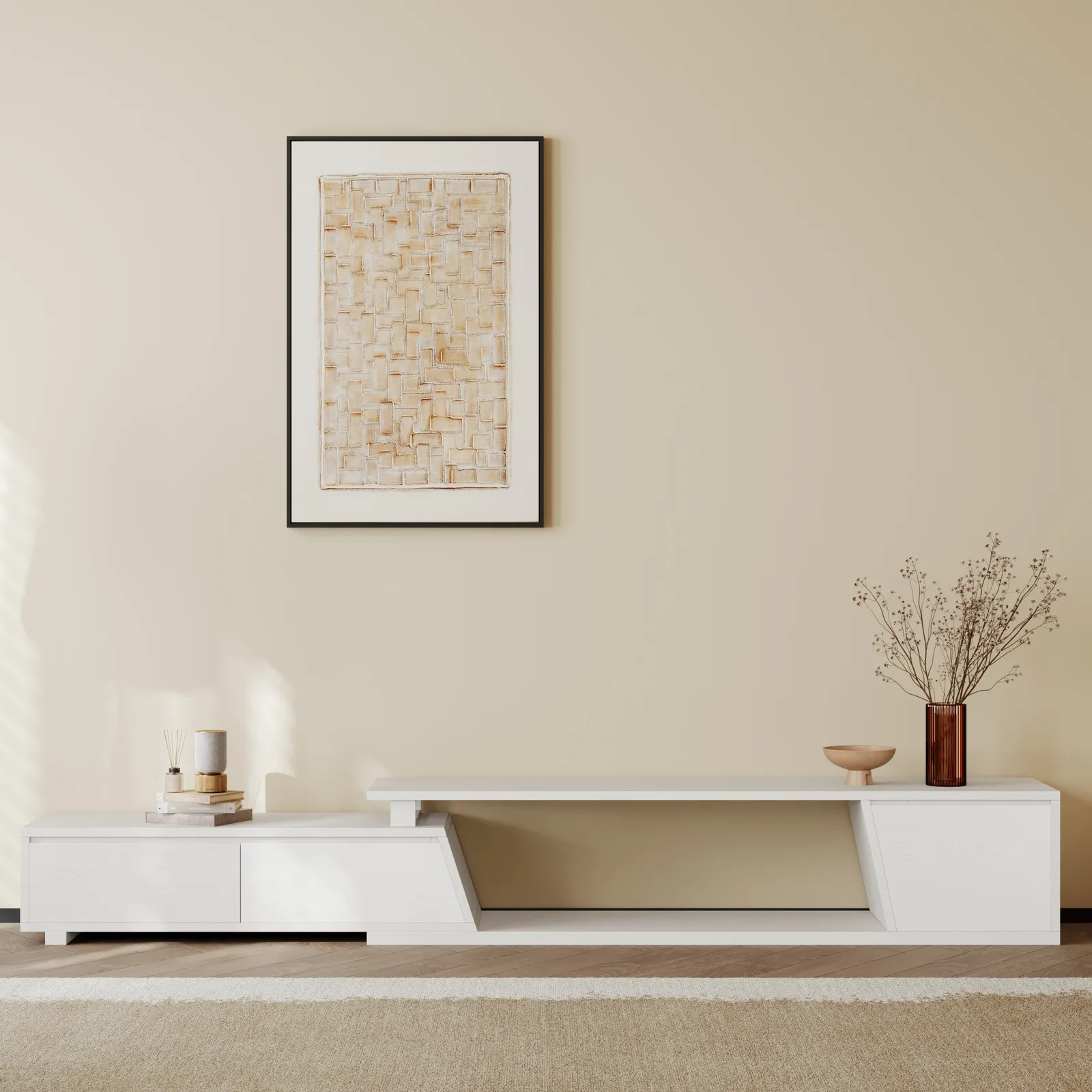 Fero White Extendable TV Stand with 3 Drawers (1800 mm - 2800 mm)
