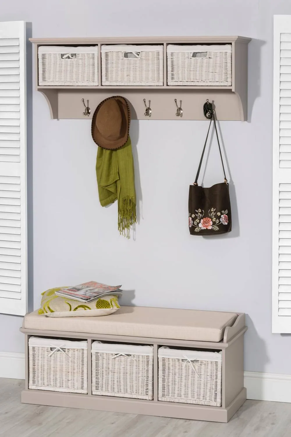 Statement Furniture Tetbury Large Hallway Coat Rack / Shelf with Wicker Storage Baskets in Taupe 6