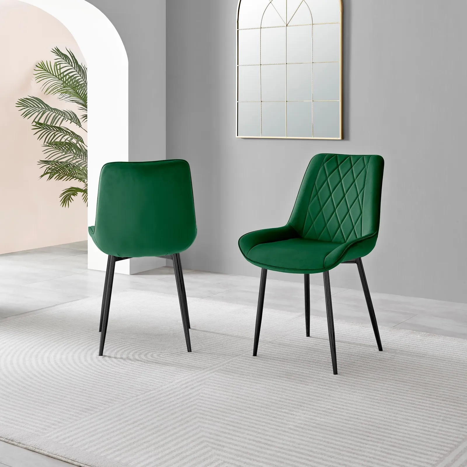 FurnitureboxUK Set of 2 Pesaro Luxury Velvet Dining Chairs With Diamond Stitched Back & Black Metal Legs in Green 3