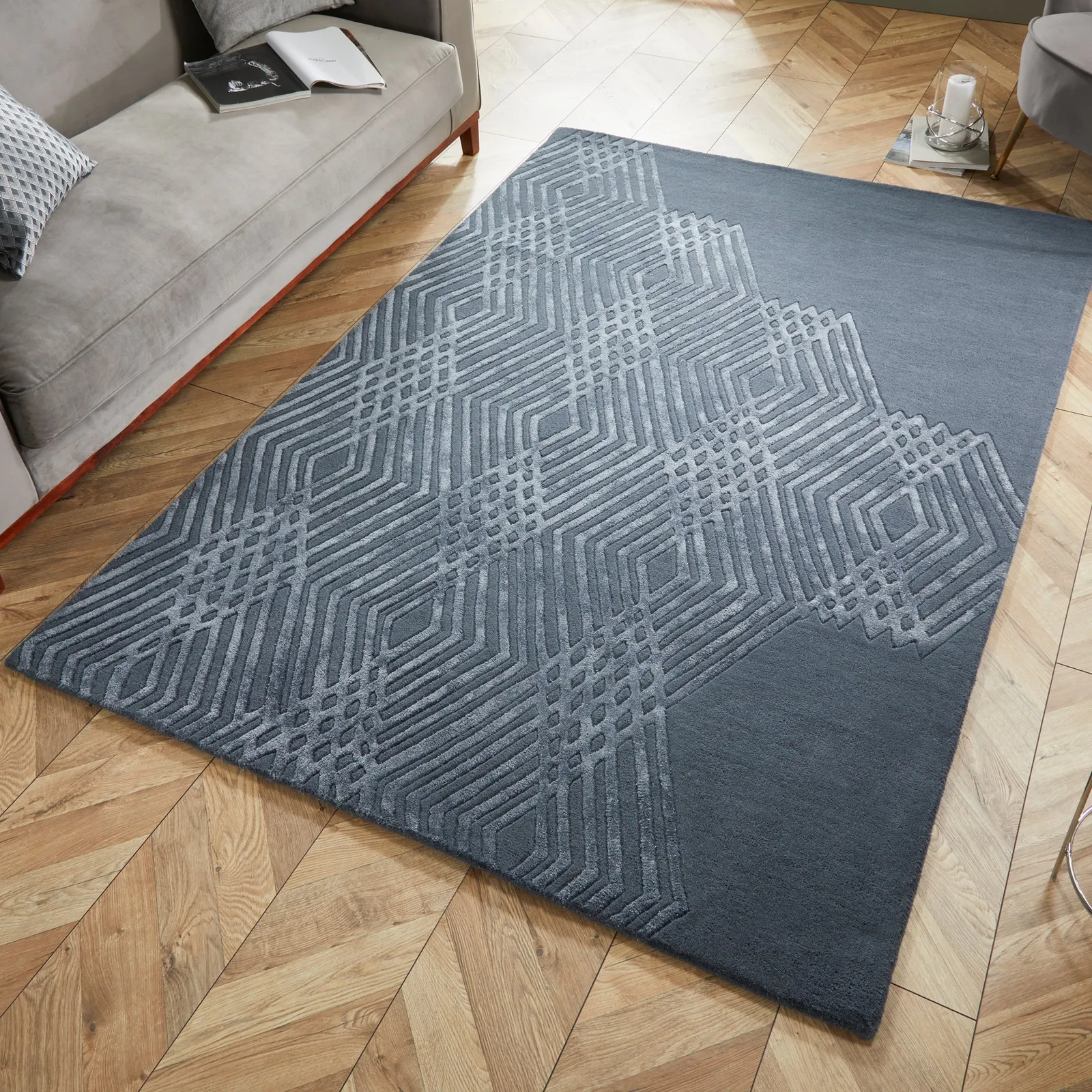 Diamonds Wool Rug Blue