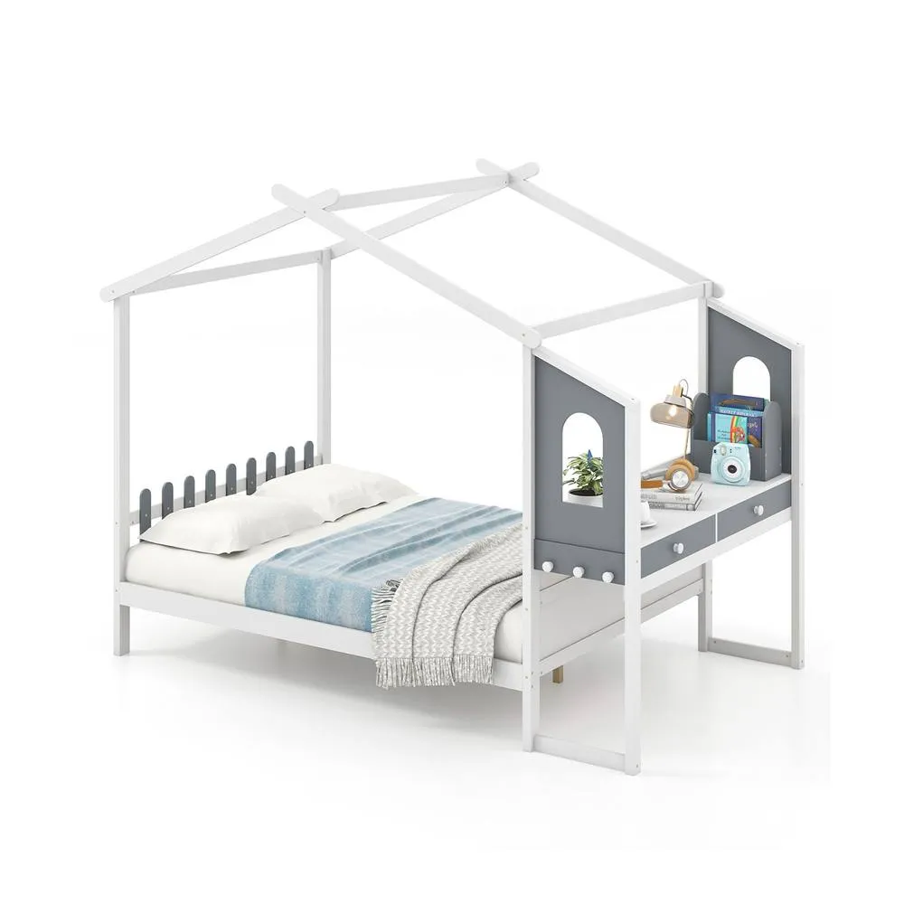 Costway Double House Bed Wood Montessori Bed Frame Playhouse Bed w/Desk in White