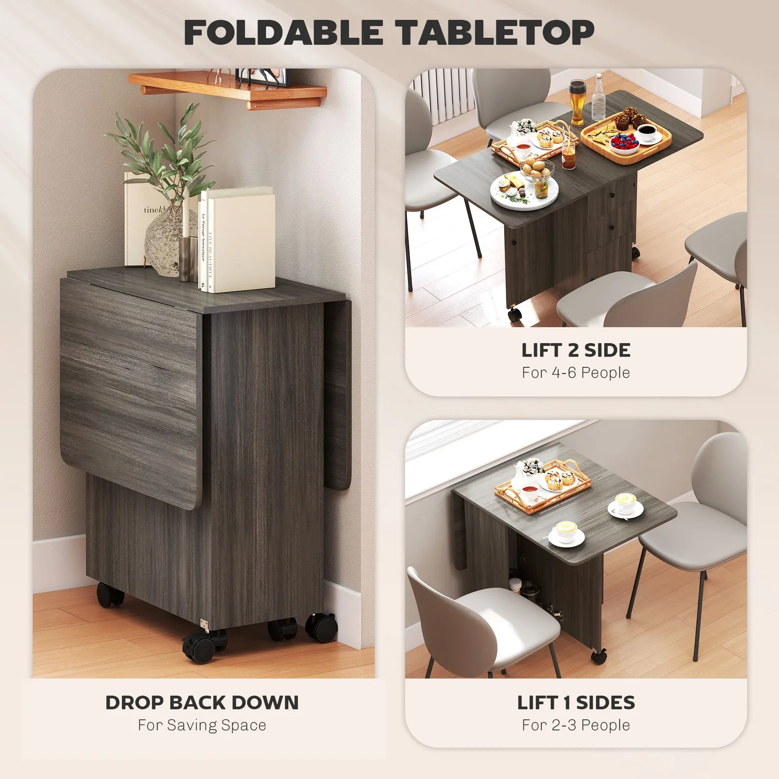 HOMCOM Folding Dining Table, Drop Leaf Table With Storage Drawers in Grey 6