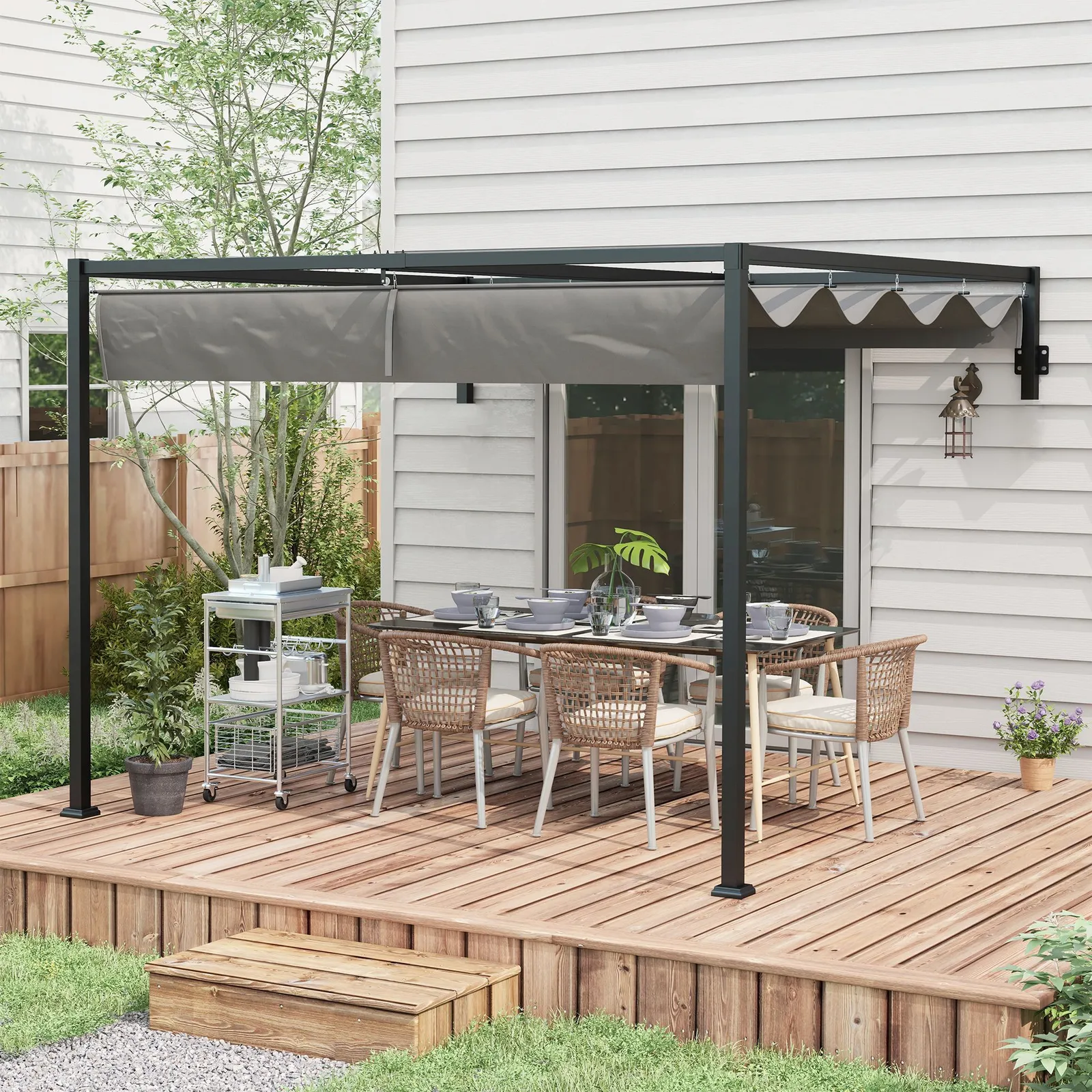 OUTSUNNY Wall Mounted Pergola with Retractable Sun Shade Canopy in Dark Grey