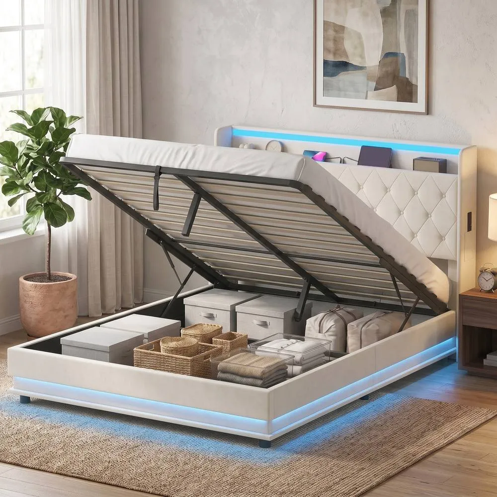 HOMCOM Lift up Storage Bed Frame with RGB LED Lights, 150 x 200cm, White in Cream 2