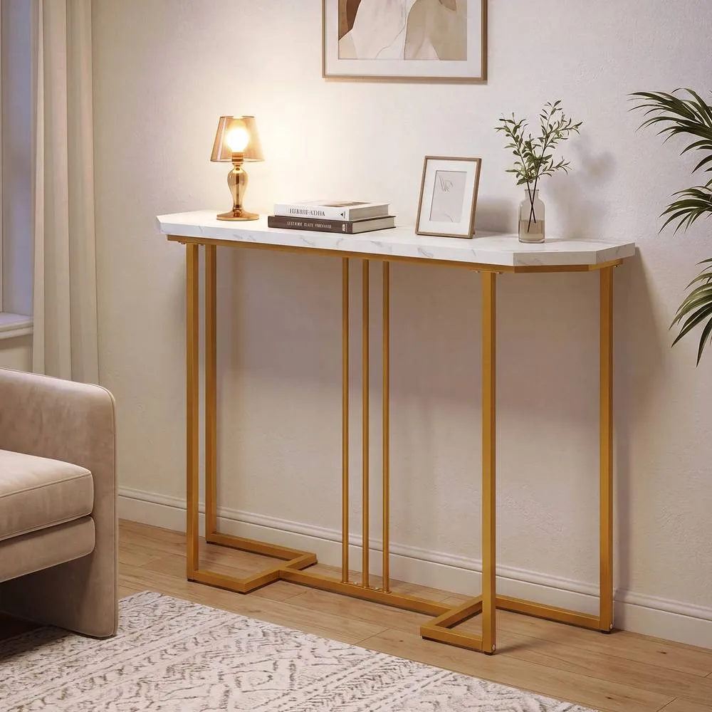 Costway Modern Console Table 110 CM Narrow Entryway Table with Faux Marble Top in White 4