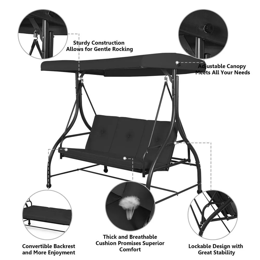 Costway Garden Patio Swing Chair 3 Seater Hammock Bench Convertible Canopy Cushion Seats in Black 3