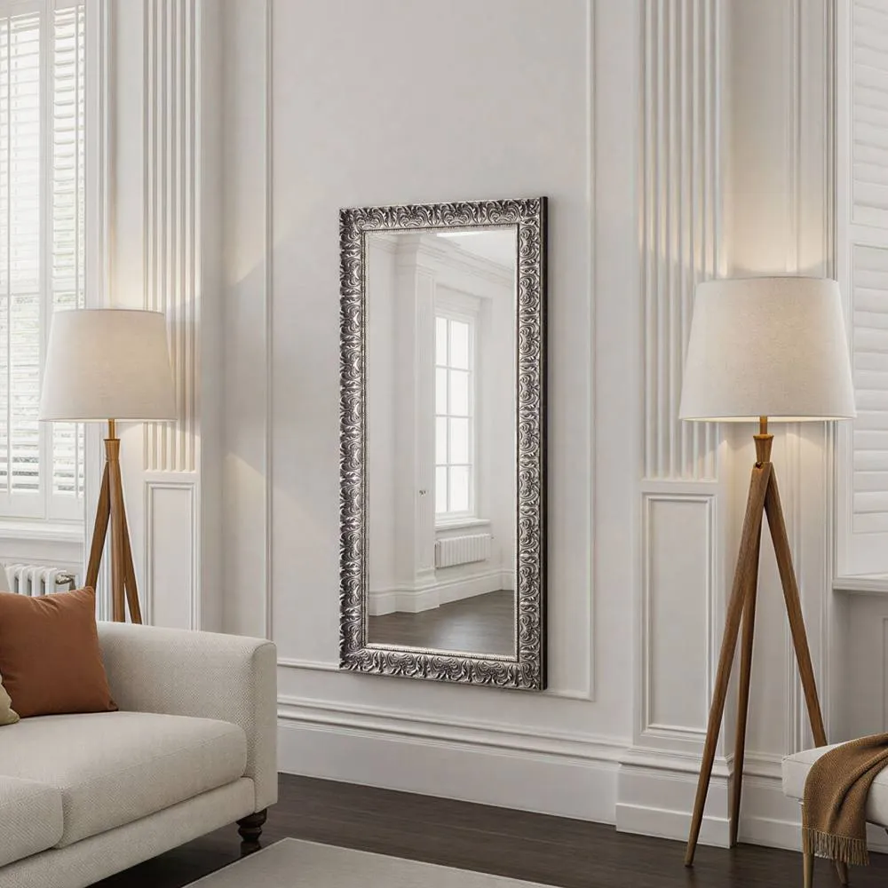 Yearn Mirrors Carved Framed Bevelled Tall Mirror Silver 138x62cm 2