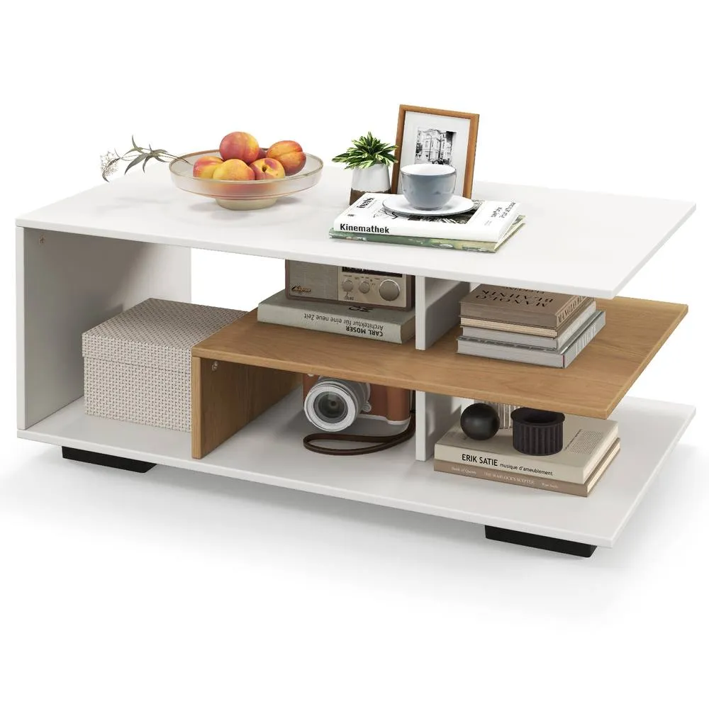 Costway Modern Rectangular Center Table Wooden Coffee Table w/ L-shaped Middle Shelf in White 5