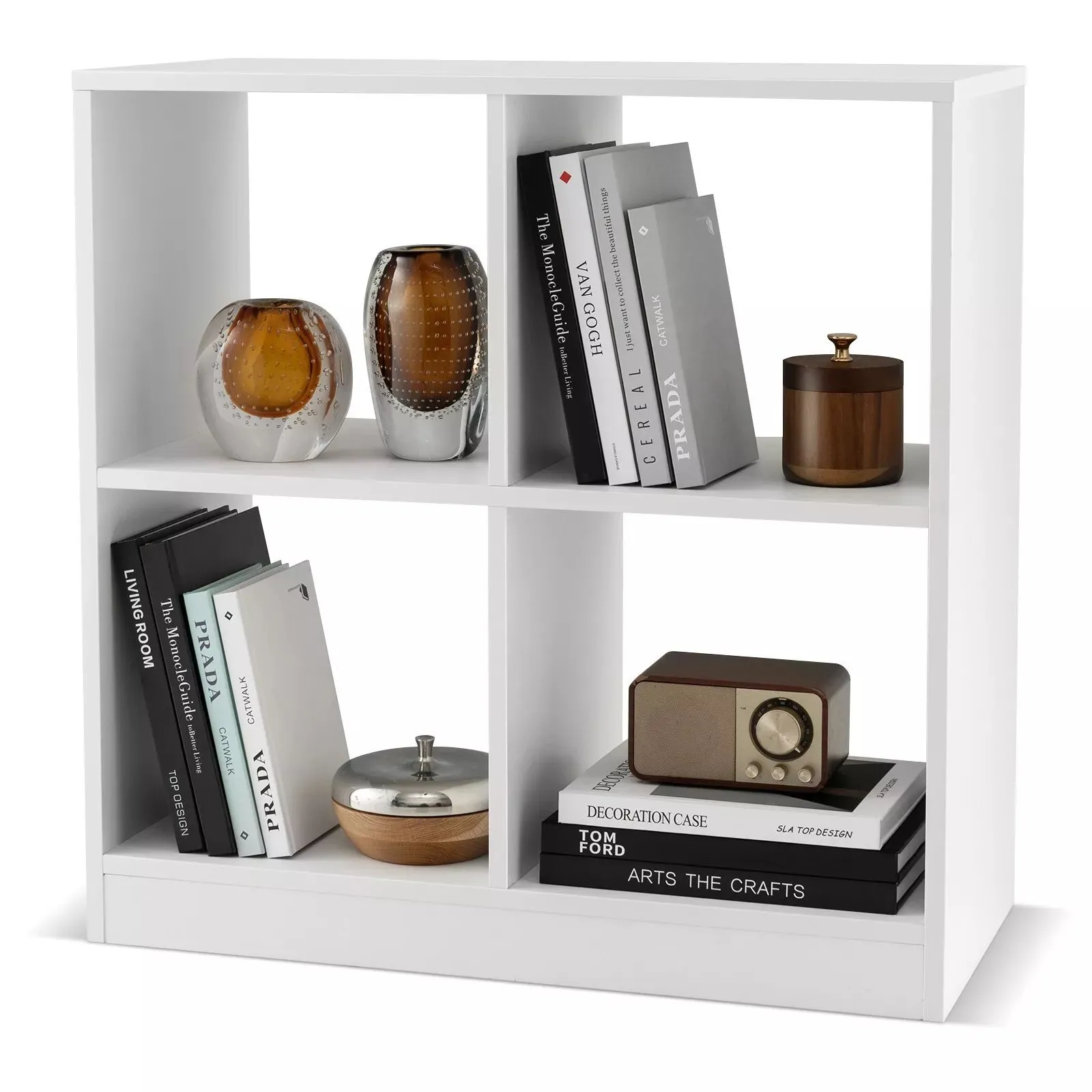 Costway 4-Cube Wooden Bookcase 2-tier Open Back Bookshelf Storage Organizer in White