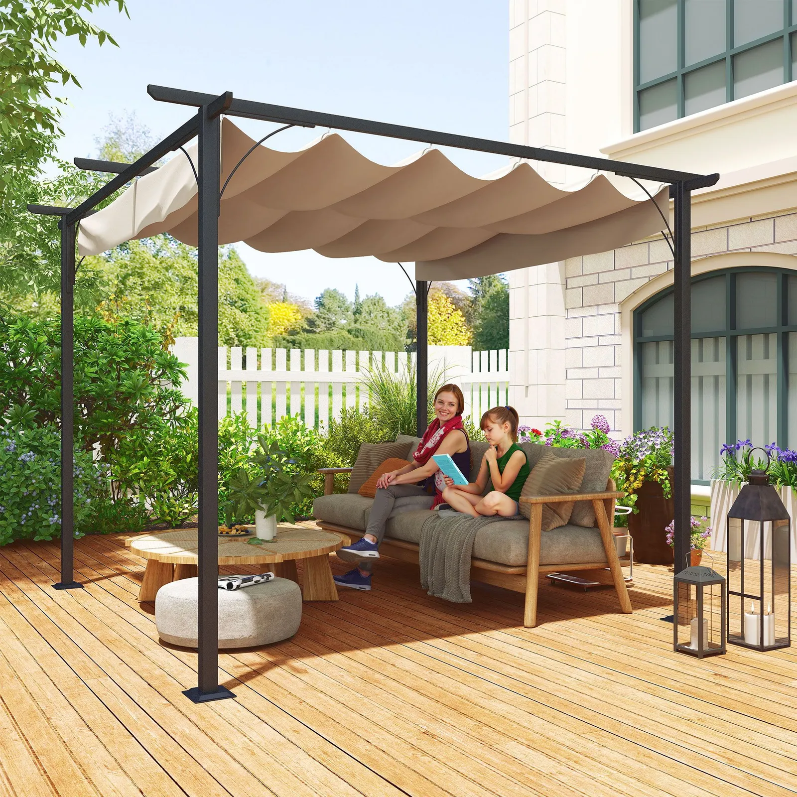 OUTSUNNY 3x3m Outdoor Pergola Metal Gazebo Porch Awning Retractable Canopy in Beige 2