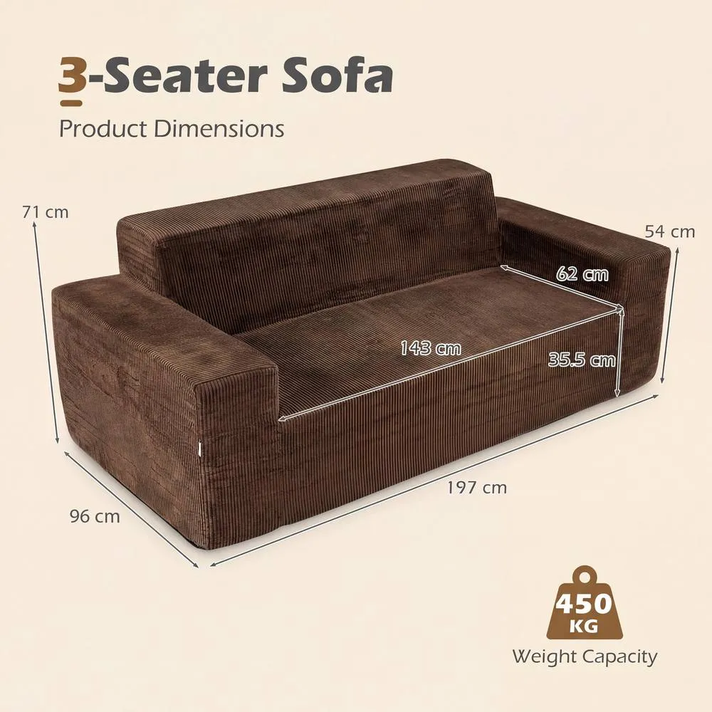 Costway Corduroy 3 Seater Sofa Brown Boneless Couch with High Backrest Deep Seat 2