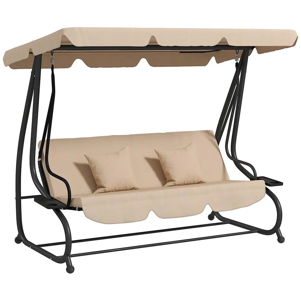 OUTSUNNY 2-in-1 Garden Swing Chair for 3 Person w/ 2 Pillows, Light Brown 2
