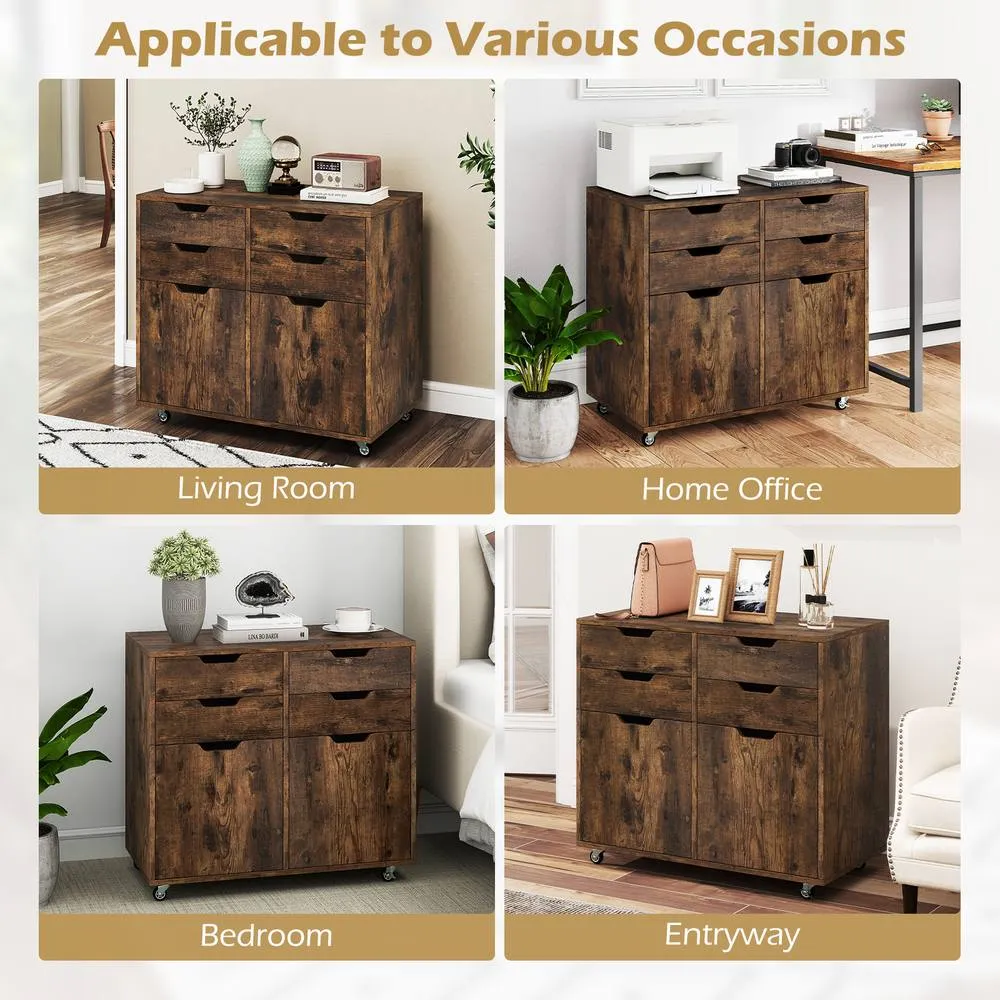 Costway 4 Drawer Dresser Chest Mobile Storage Cabinet w/Universal Wheels in Brown 6