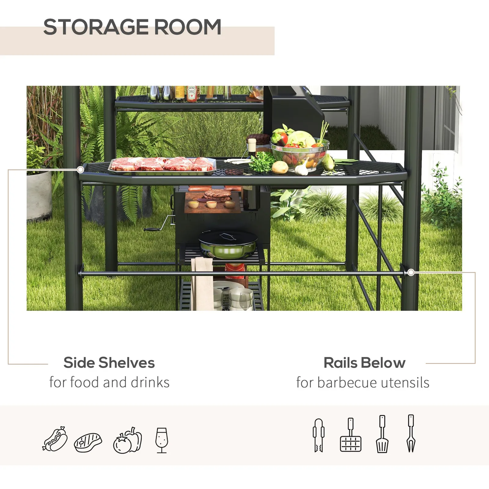 OUTSUNNY BBQ Patio Canopy Gazebo with Interlaced Polycarbonate Roof 2 Shelve in Dark Grey 6
