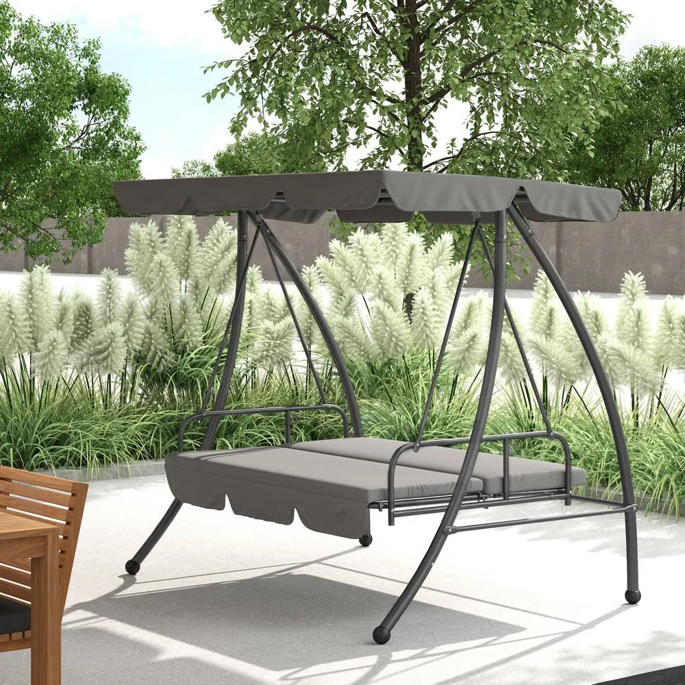 OUTSUNNY 2-in-1 Swing Chair 3 Seater Hammock Cushion Bed Tilt Canopy in Light Grey