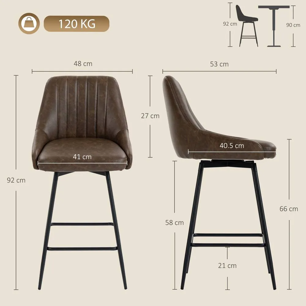HOMCOM Vintage Bar Stools Set of 2, PU Leather, Footrest, Dark Brown 3