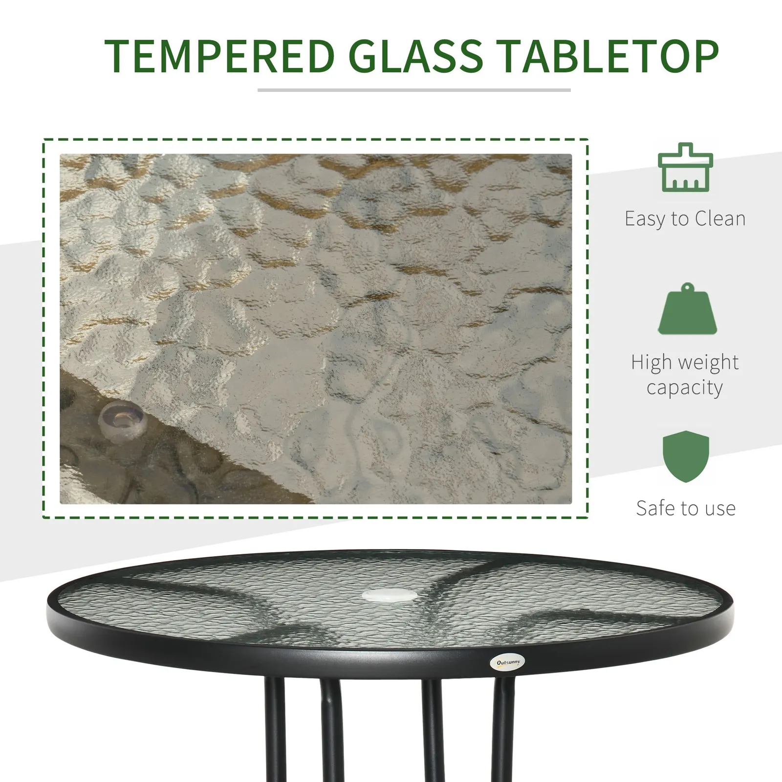 OUTSUNNY Outdoor Round Dining Table Tempered Glass Top w/ Parasol Hole 80cm in Black 6