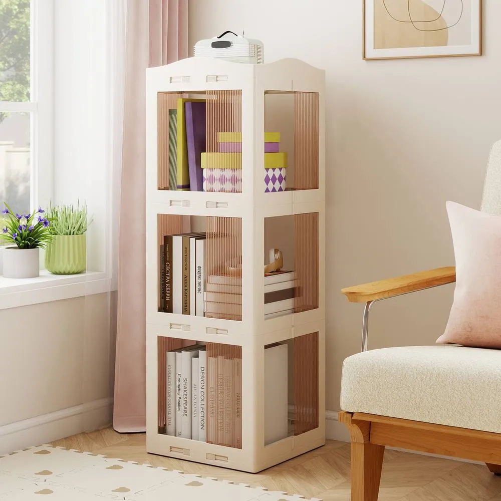 Costway Foldable Rotating Bookshelf 3-Tier Revolving Bookcase Display Shelf in White 3