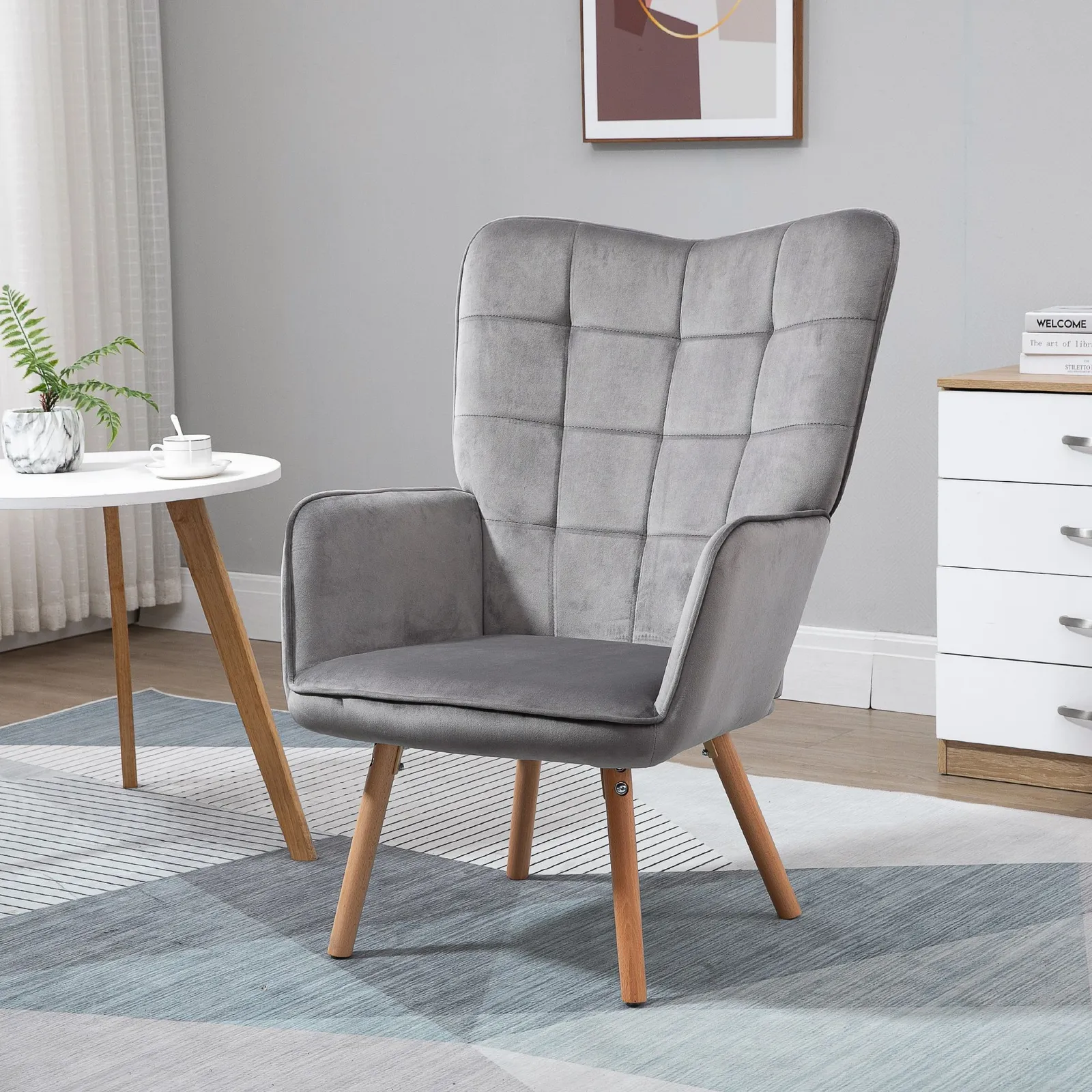 HOMCOM Modern Accent Chair Velvet-Touch Tufted Wingback Armchair Wood Legs in Grey